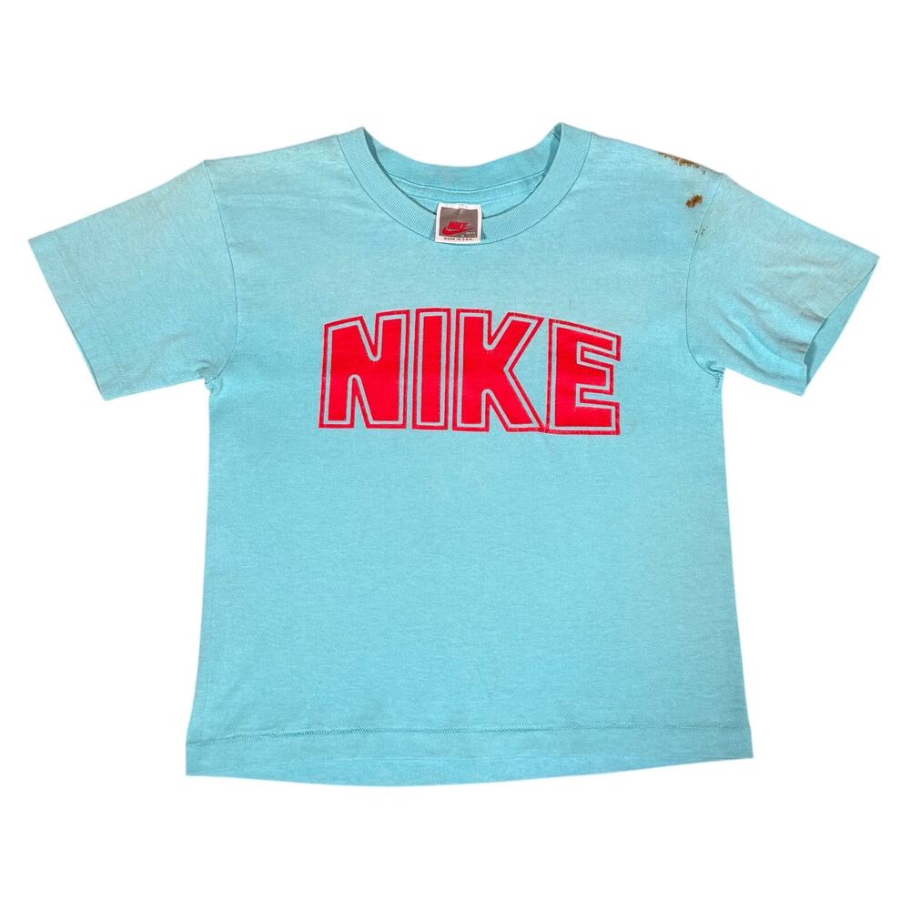 Vintage Nike 80s Big Logo T Shirt Blue Red Spellout USA Made Boys Medium STAINS